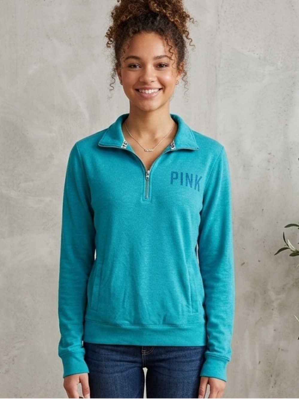 VS PINK Teal Cotton Blend Quarter Zip Pullover Sweatshirt M 2012 Y2K‎ Retro